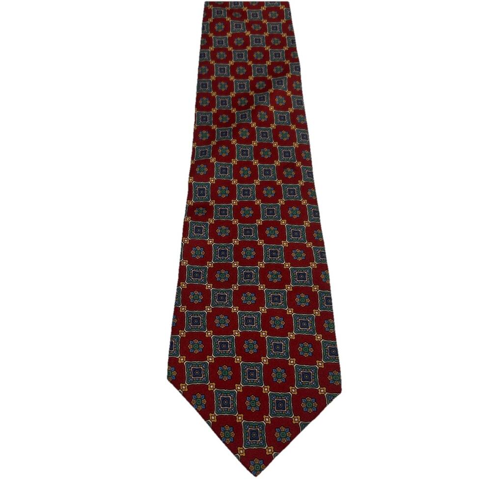 Vtg ROBERT‎ Stock Men's Red Blue Geometric Silk Tie 3.75” Necktie USA
